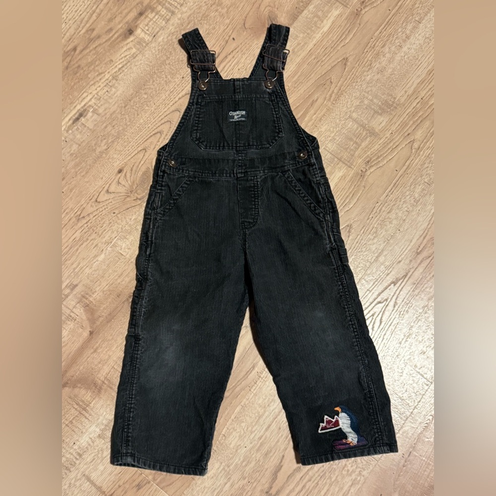 Vintage 90s OshKosh B’gosh Black Corduroy Overalls 3T Penguin Embroidered